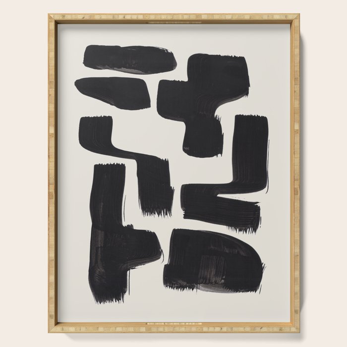 Mid Century Modern Minimalist Abstract Art Brush Strokes Black & White Ink Art Shapes Serving Tray Gallery Image 1