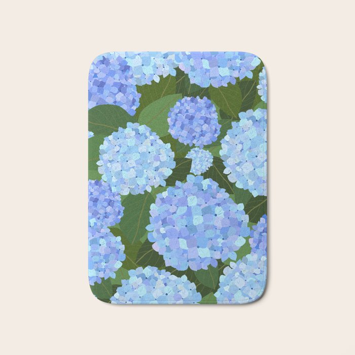 Light Blue Hydrangeas, Preppy Modern Flowers, Botanical, Floral Bath Mat Gallery Image 1