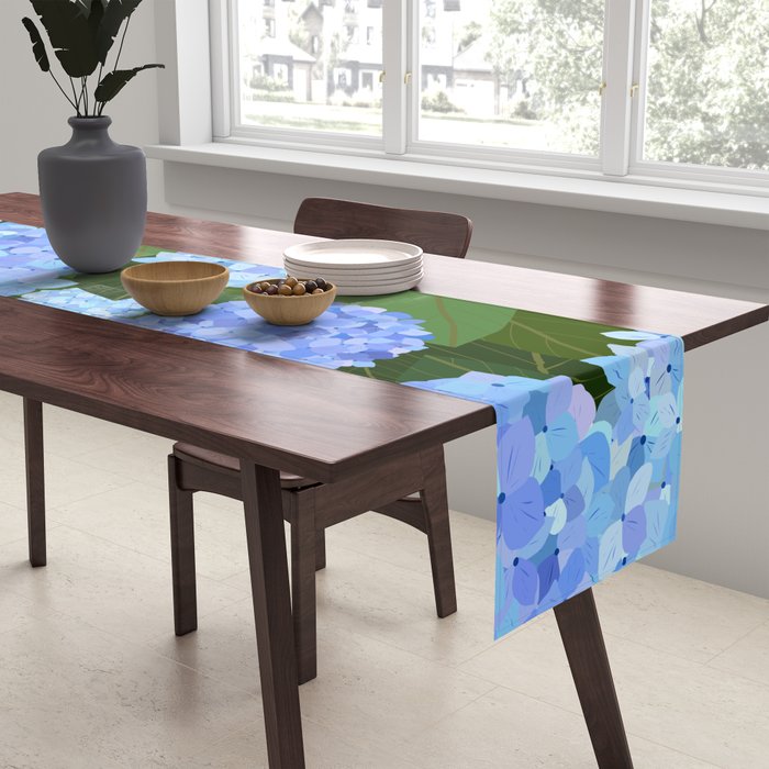 Light Blue Hydrangeas, Preppy Modern Flowers, Botanical, Floral Table Runner Gallery Image 2