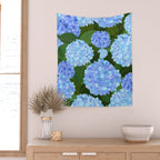 Light Blue Hydrangeas, Preppy Modern Flowers, Botanical, Floral Wall Tapestry Gallery Image 2