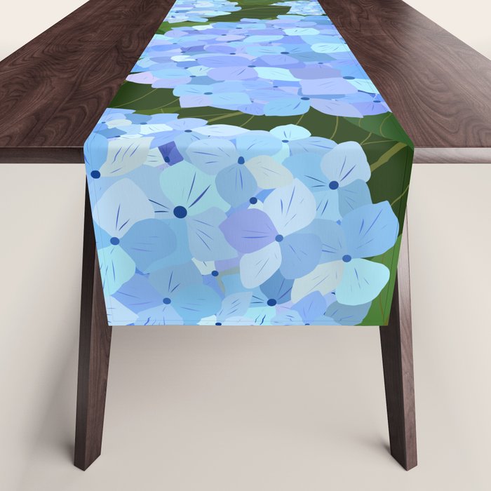 Light Blue Hydrangeas, Preppy Modern Flowers, Botanical, Floral Table Runner Gallery Image 1