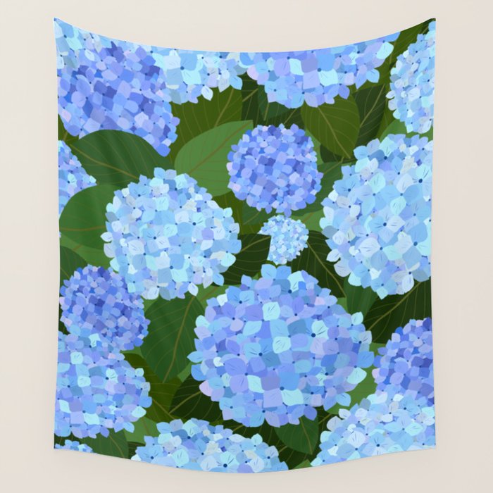 Light Blue Hydrangeas, Preppy Modern Flowers, Botanical, Floral Wall Tapestry Gallery Image 1