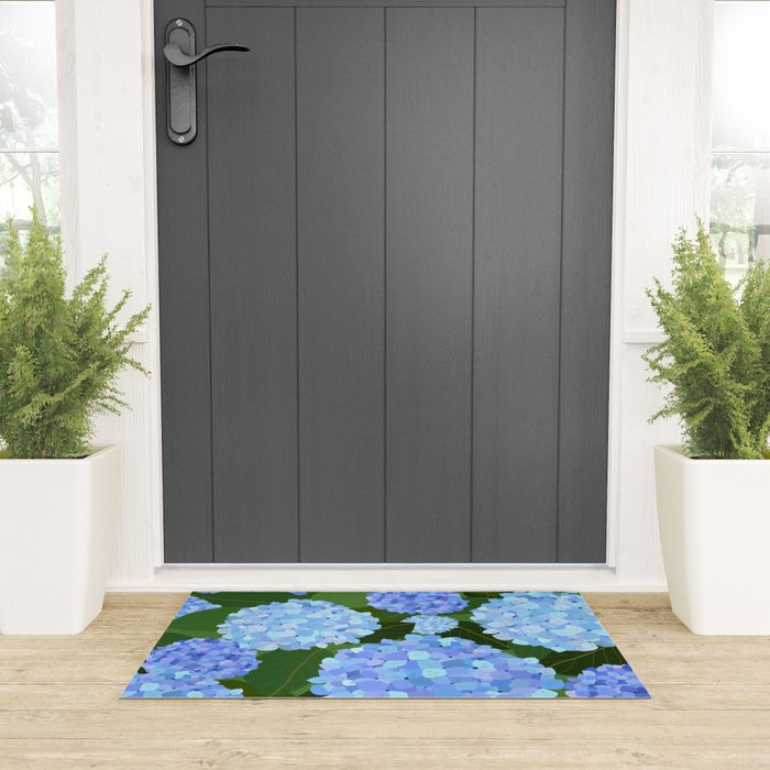 Light Blue Hydrangeas, Preppy Modern Flowers, Botanical, Floral Welcome Mat Gallery Image 3