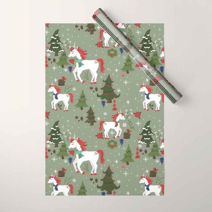 Christmas Winter Unicorn Pattern Wrapping Paper Gallery Image 1