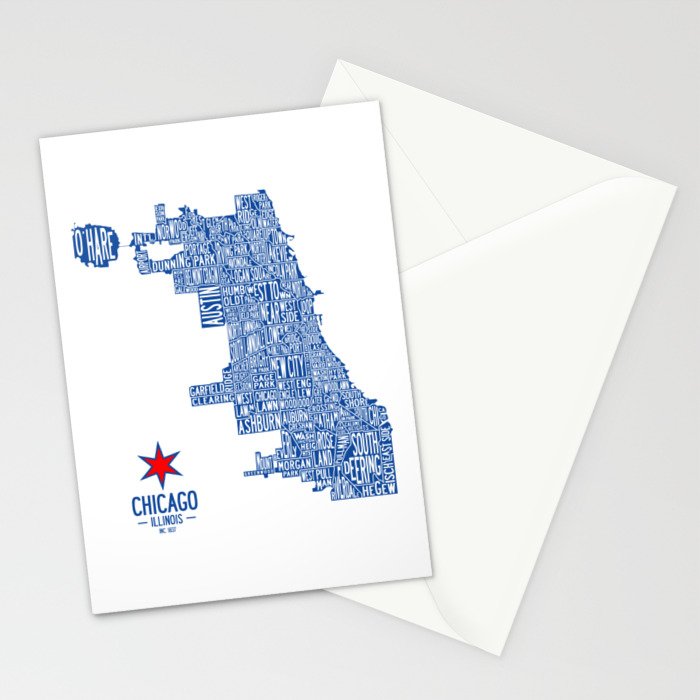 Chicago Neighborhood Map in Blue Stationery Card Gallery Image 2