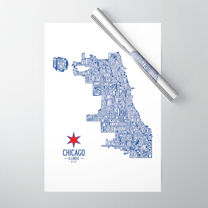Chicago Neighborhood Map in Blue Wrapping Paper Gallery Image 1