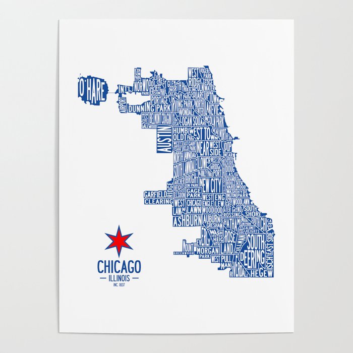 Chicago Neighborhood Map in Blue Poster Gallery Image 4