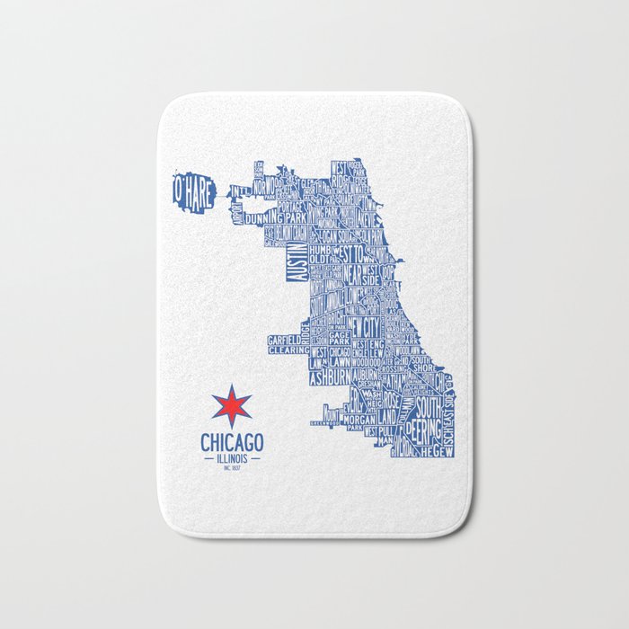 Chicago Neighborhood Map in Blue Bath Mat Gallery Image 1