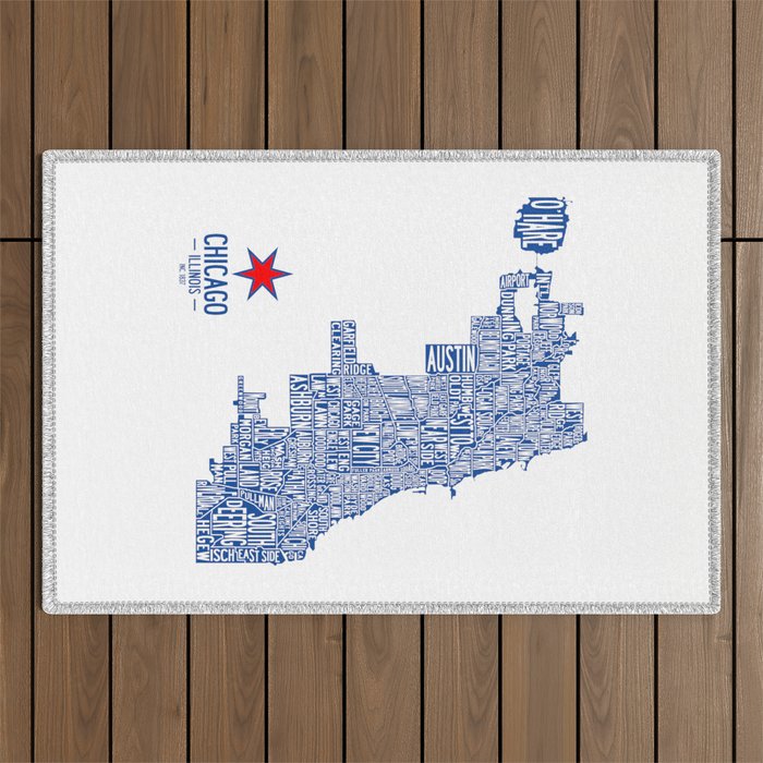 Chicago Neighborhood Map in Blue Outdoor Rug Gallery Image 1