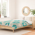 Mid Century Modern Atomic Stars Light Pastel Teal and Cream Retro Checkered Starburst Pattern Duvet Cover Gallery Image 2