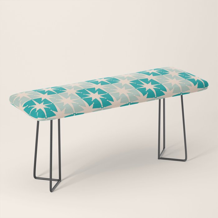 Mid Century Modern Atomic Stars Light Pastel Teal and Cream Retro Checkered Starburst Pattern Bench Gallery Image 1