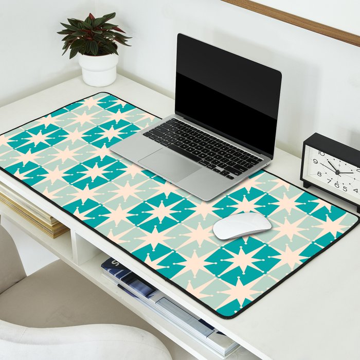 Mid Century Modern Atomic Stars Light Pastel Teal and Cream Retro Checkered Starburst Pattern Desk Mat Gallery Image 2