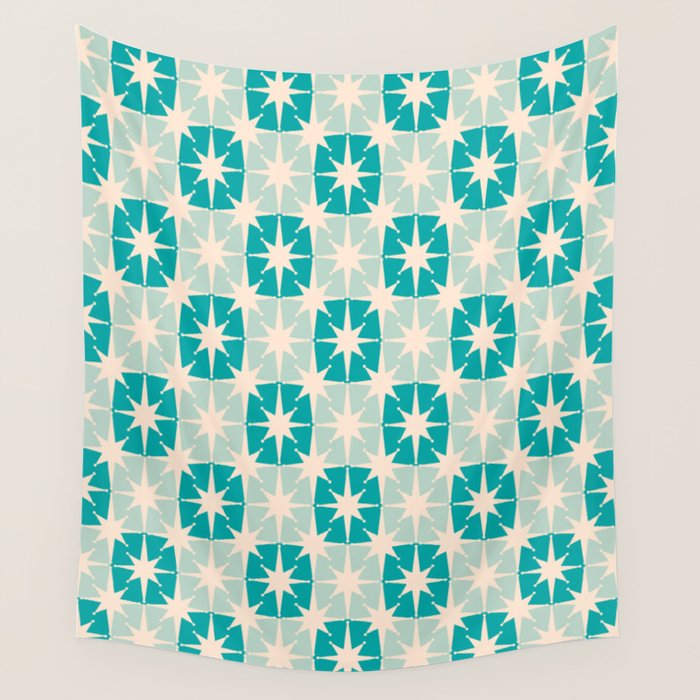 Mid Century Modern Atomic Stars Light Pastel Teal and Cream Retro Checkered Starburst Pattern Wall Tapestry Gallery Image 4