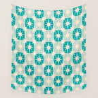 Mid Century Modern Atomic Stars Light Pastel Teal and Cream Retro Checkered Starburst Pattern Wall Tapestry Gallery Image 4
