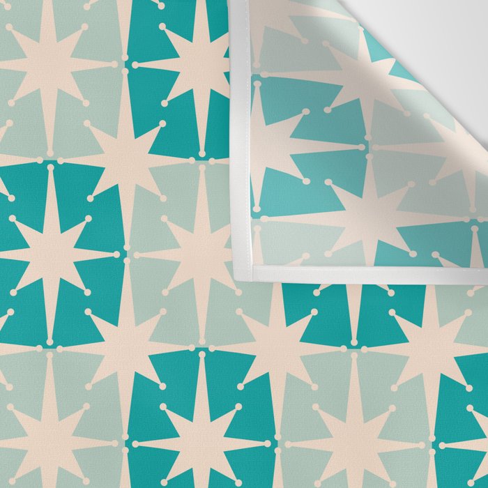 Mid Century Modern Atomic Stars Light Pastel Teal and Cream Retro Checkered Starburst Pattern Wall Tapestry Gallery Image 3