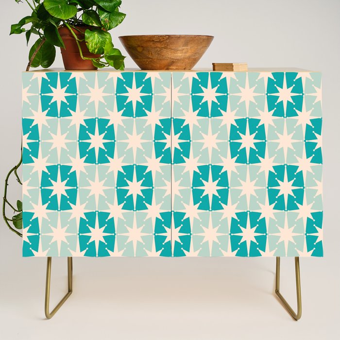 Mid Century Modern Atomic Stars Light Pastel Teal and Cream Retro Checkered Starburst Pattern Credenza Gallery Image 1