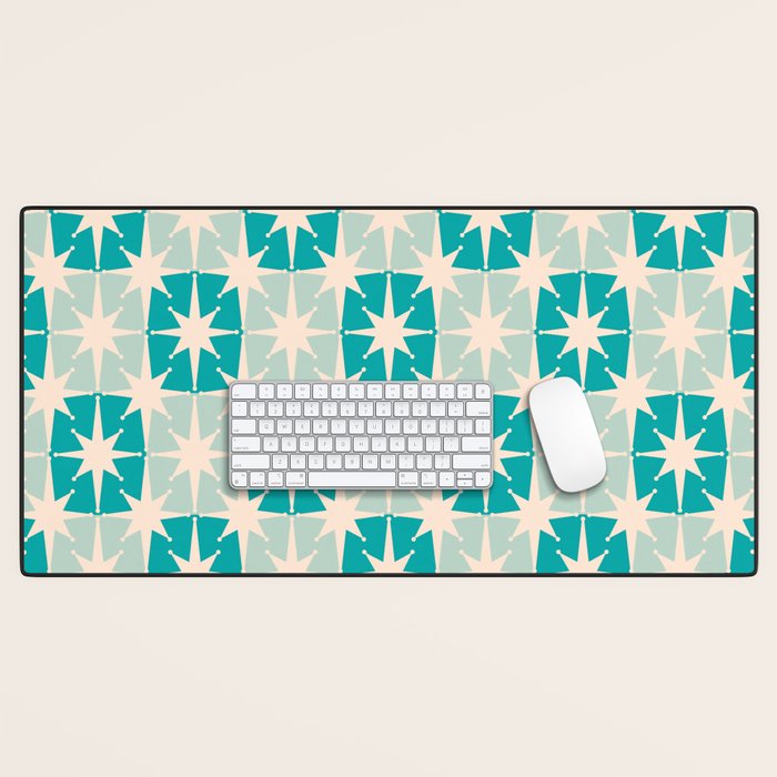Mid Century Modern Atomic Stars Light Pastel Teal and Cream Retro Checkered Starburst Pattern Desk Mat Gallery Image 1