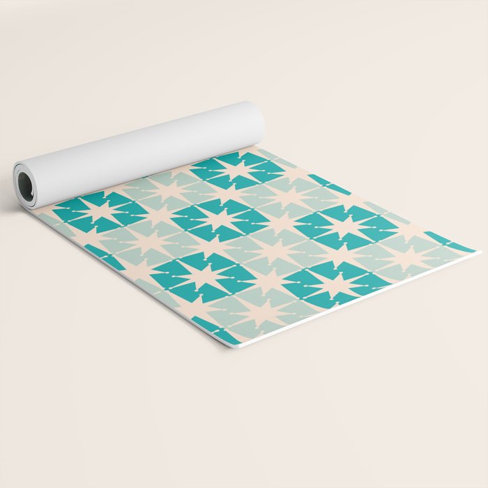 Mid Century Modern Atomic Stars Light Pastel Teal and Cream Retro Checkered Starburst Pattern Yoga Mat Gallery Image 2