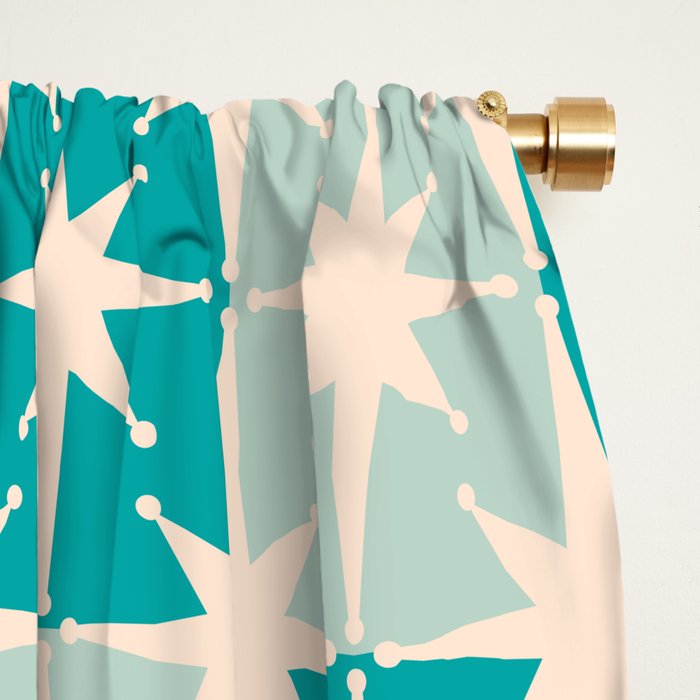 Mid Century Modern Atomic Stars Light Pastel Teal and Cream Retro Checkered Starburst Pattern Window Curtain Gallery Image 2