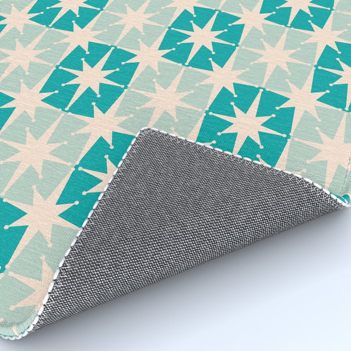 Mid Century Modern Atomic Stars Light Pastel Teal and Cream Retro Checkered Starburst Pattern Rug Gallery Image 4