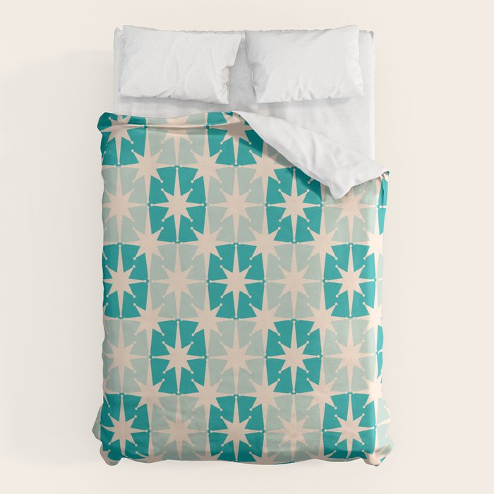 Mid Century Modern Atomic Stars Light Pastel Teal and Cream Retro Checkered Starburst Pattern Duvet Cover Gallery Image 1