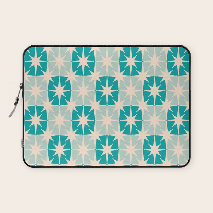 Mid Century Modern Atomic Stars Light Pastel Teal and Cream Retro Checkered Starburst Pattern Laptop Sleeve Gallery Image 1