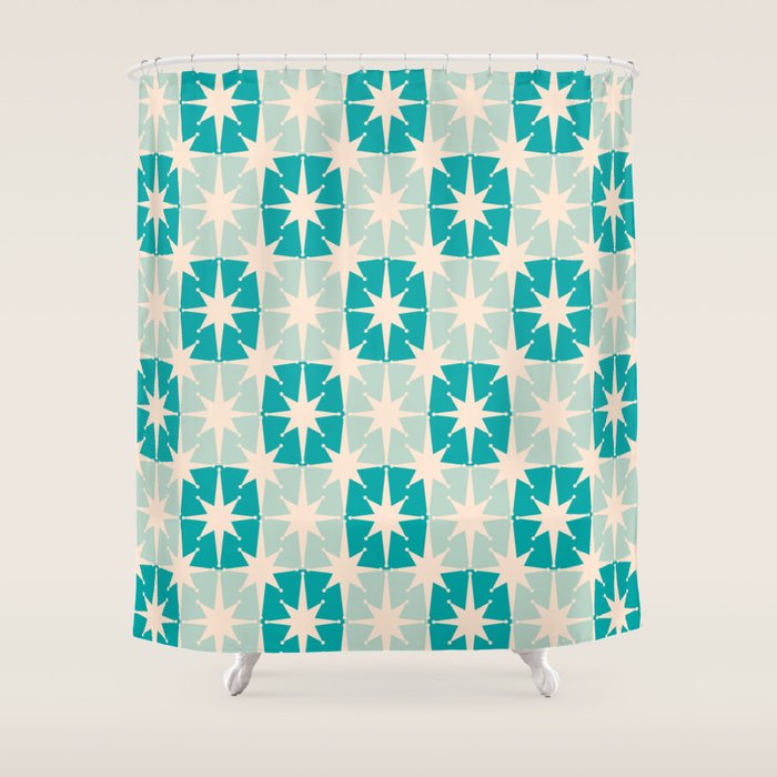 Mid Century Modern Atomic Stars Light Pastel Teal and Cream Retro Checkered Starburst Pattern Shower Curtain Gallery Image 1