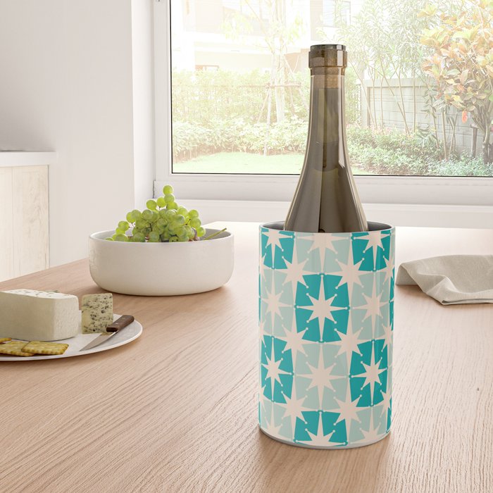 Mid Century Modern Atomic Stars Light Pastel Teal and Cream Retro Checkered Starburst Pattern Wine Chiller Gallery Image 4