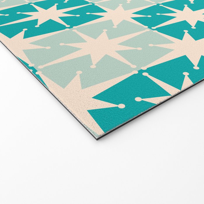 Mid Century Modern Atomic Stars Light Pastel Teal and Cream Retro Checkered Starburst Pattern Welcome Mat Gallery Image 2