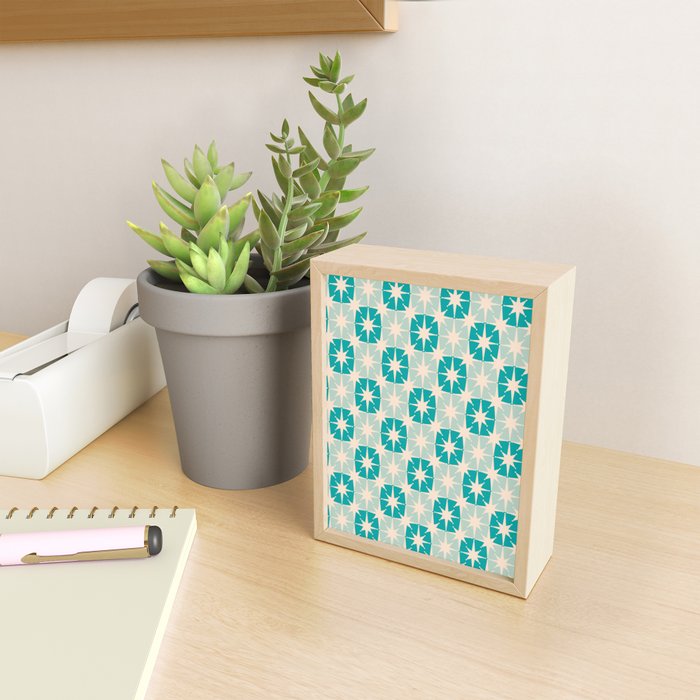 Mid Century Modern Atomic Stars Light Pastel Teal and Cream Retro Checkered Starburst Pattern Mini Art Print Gallery Image 2