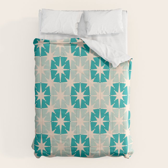 Mid Century Modern Atomic Stars Light Pastel Teal and Cream Retro Checkered Starburst Pattern Comforter Gallery Image 6