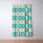 Mid Century Modern Atomic Stars Light Pastel Teal and Cream Retro Checkered Starburst Pattern Window Curtain Gallery Image 3