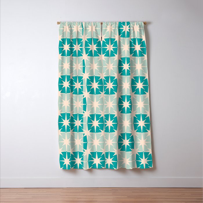 Mid Century Modern Atomic Stars Light Pastel Teal and Cream Retro Checkered Starburst Pattern Window Curtain Gallery Image 3