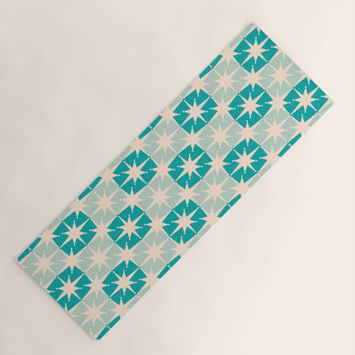 Mid Century Modern Atomic Stars Light Pastel Teal and Cream Retro Checkered Starburst Pattern Yoga Mat Gallery Image 1