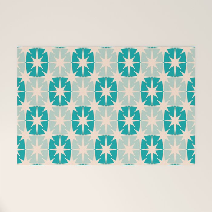 Mid Century Modern Atomic Stars Light Pastel Teal and Cream Retro Checkered Starburst Pattern Welcome Mat Gallery Image 1