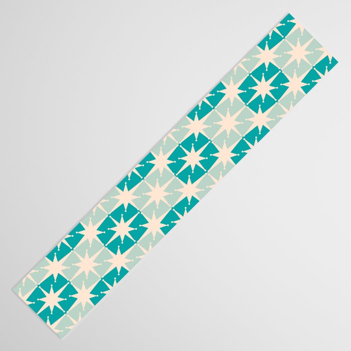 Mid Century Modern Atomic Stars Light Pastel Teal and Cream Retro Checkered Starburst Pattern Table Runner Gallery Image 3