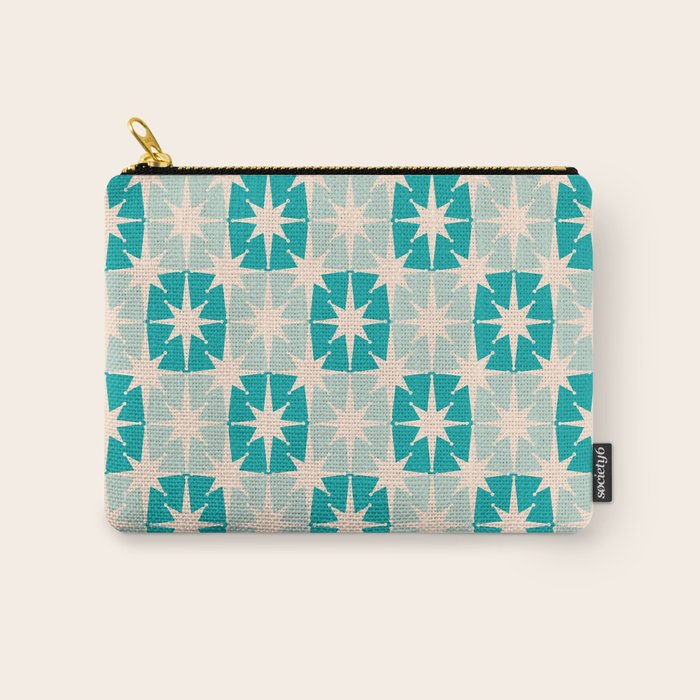 Mid Century Modern Atomic Stars Light Pastel Teal and Cream Retro Checkered Starburst Pattern Carry All Pouch Gallery Image 1