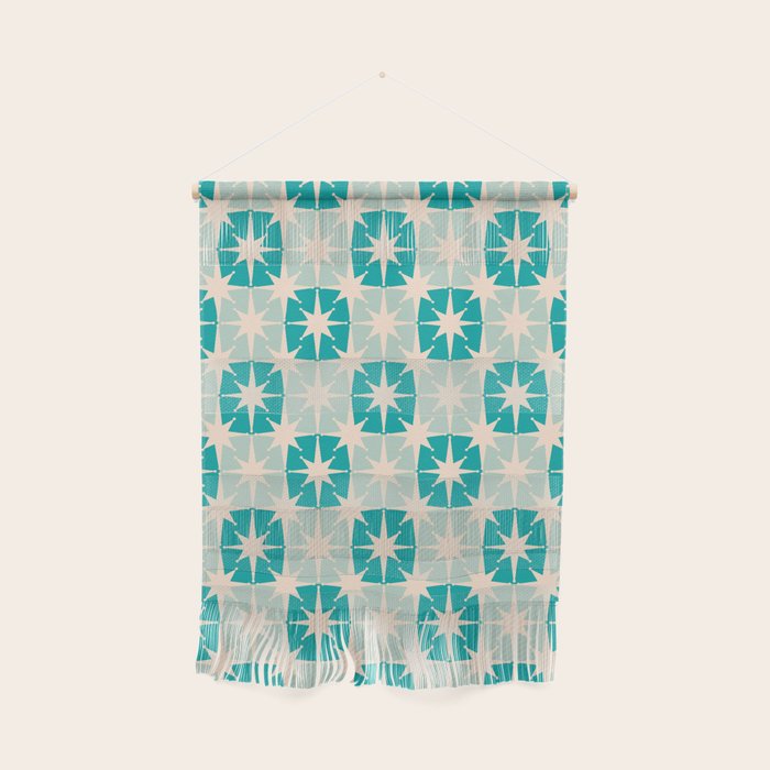 Mid Century Modern Atomic Stars Light Pastel Teal and Cream Retro Checkered Starburst Pattern Wall Hanging Gallery Image 1