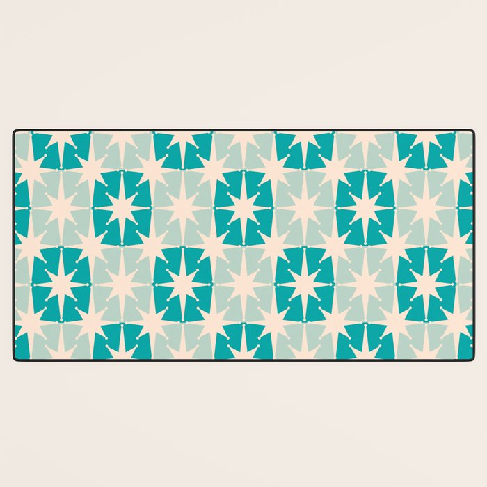 Mid Century Modern Atomic Stars Light Pastel Teal and Cream Retro Checkered Starburst Pattern Desk Mat Gallery Image 3