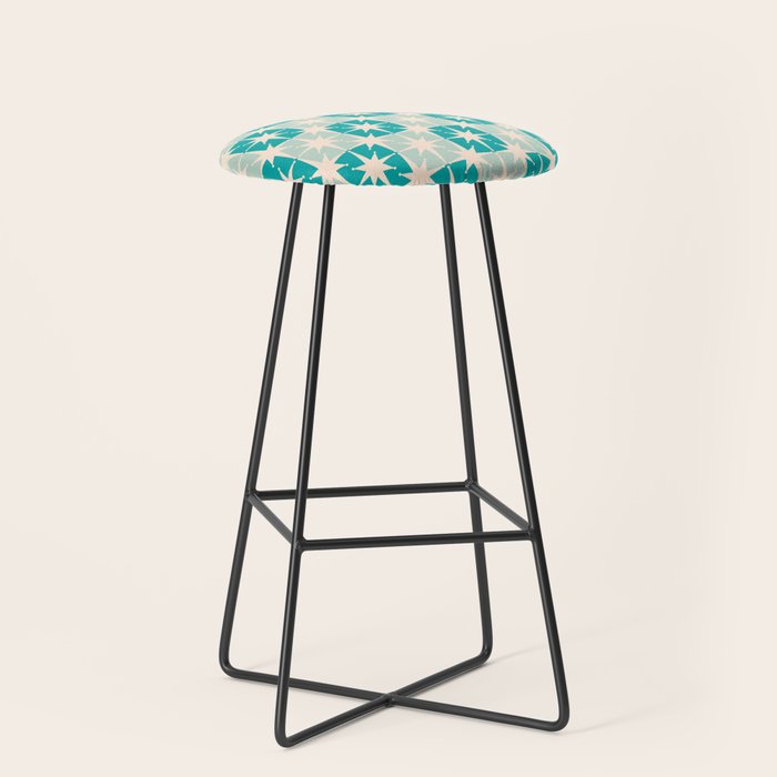 Mid Century Modern Atomic Stars Light Pastel Teal and Cream Retro Checkered Starburst Pattern Stool Gallery Image 1