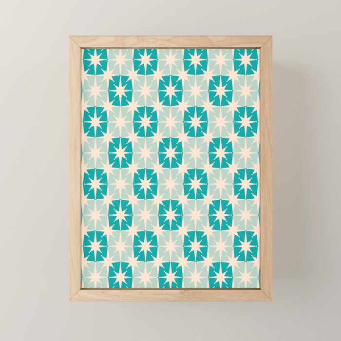 Mid Century Modern Atomic Stars Light Pastel Teal and Cream Retro Checkered Starburst Pattern Mini Art Print Gallery Image 1