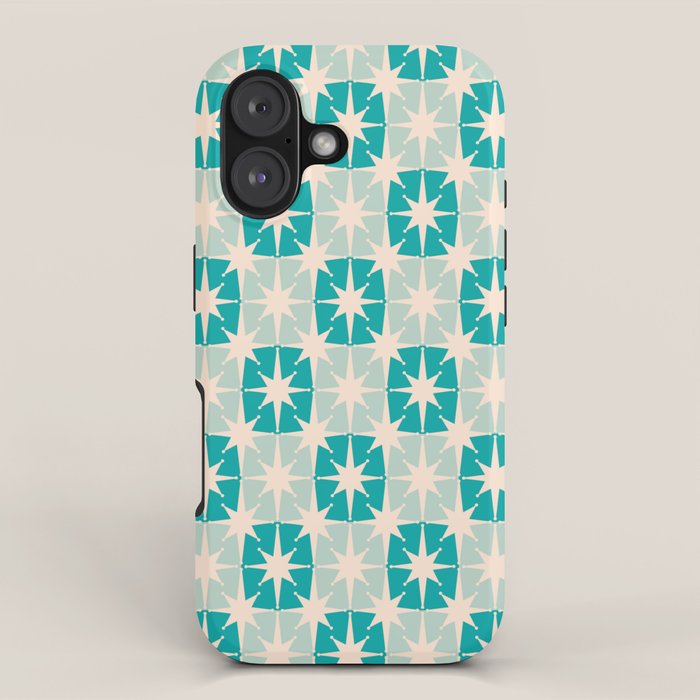 Mid Century Modern Atomic Stars Light Pastel Teal and Cream Retro Checkered Starburst Pattern iPhone Case Gallery Image 1
