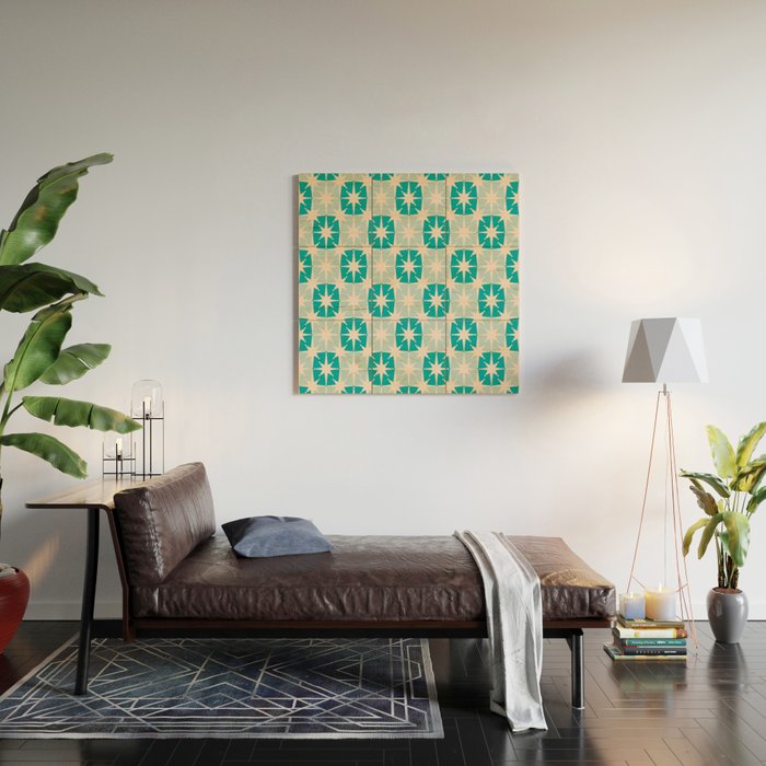 Mid Century Modern Atomic Stars Light Pastel Teal and Cream Retro Checkered Starburst Pattern Wood Wall Art Gallery Image 2