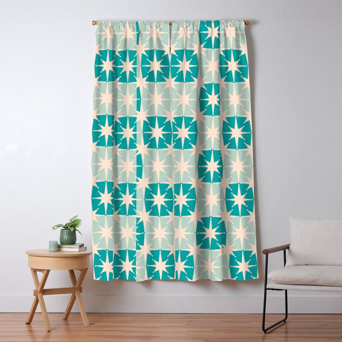 Mid Century Modern Atomic Stars Light Pastel Teal and Cream Retro Checkered Starburst Pattern Window Curtain Gallery Image 5