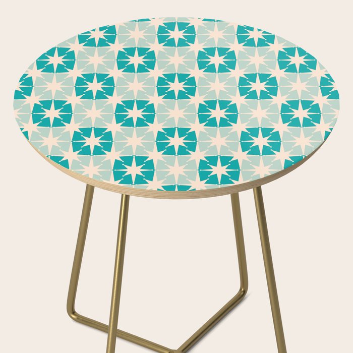 Mid Century Modern Atomic Stars Light Pastel Teal and Cream Retro Checkered Starburst Pattern Side Table Gallery Image 2