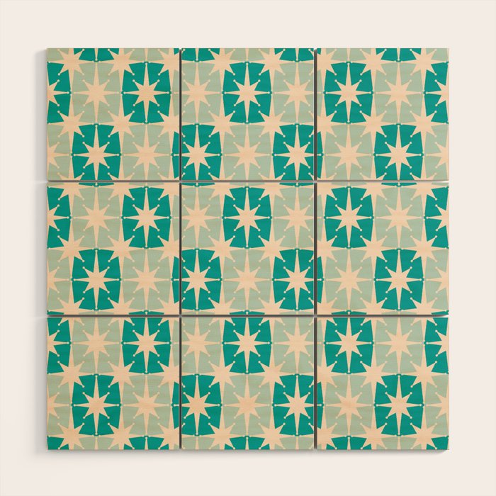 Mid Century Modern Atomic Stars Light Pastel Teal and Cream Retro Checkered Starburst Pattern Wood Wall Art Gallery Image 1