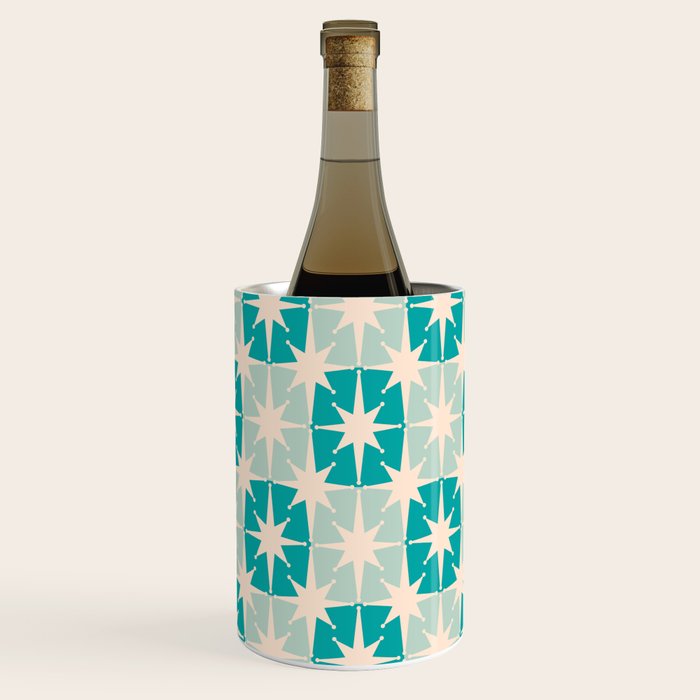 Mid Century Modern Atomic Stars Light Pastel Teal and Cream Retro Checkered Starburst Pattern Wine Chiller Gallery Image 2