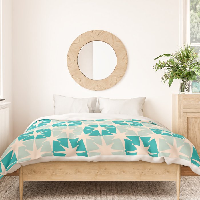 Mid Century Modern Atomic Stars Light Pastel Teal and Cream Retro Checkered Starburst Pattern Duvet Cover Gallery Image 3