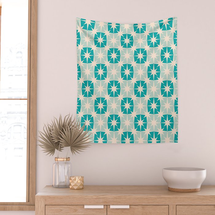 Mid Century Modern Atomic Stars Light Pastel Teal and Cream Retro Checkered Starburst Pattern Wall Tapestry Gallery Image 2