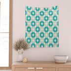 Mid Century Modern Atomic Stars Light Pastel Teal and Cream Retro Checkered Starburst Pattern Wall Tapestry Gallery Image 2